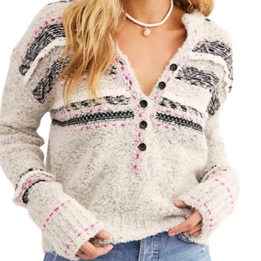 Free People Color Pop Henley Popover Alpaca Blend Sweater